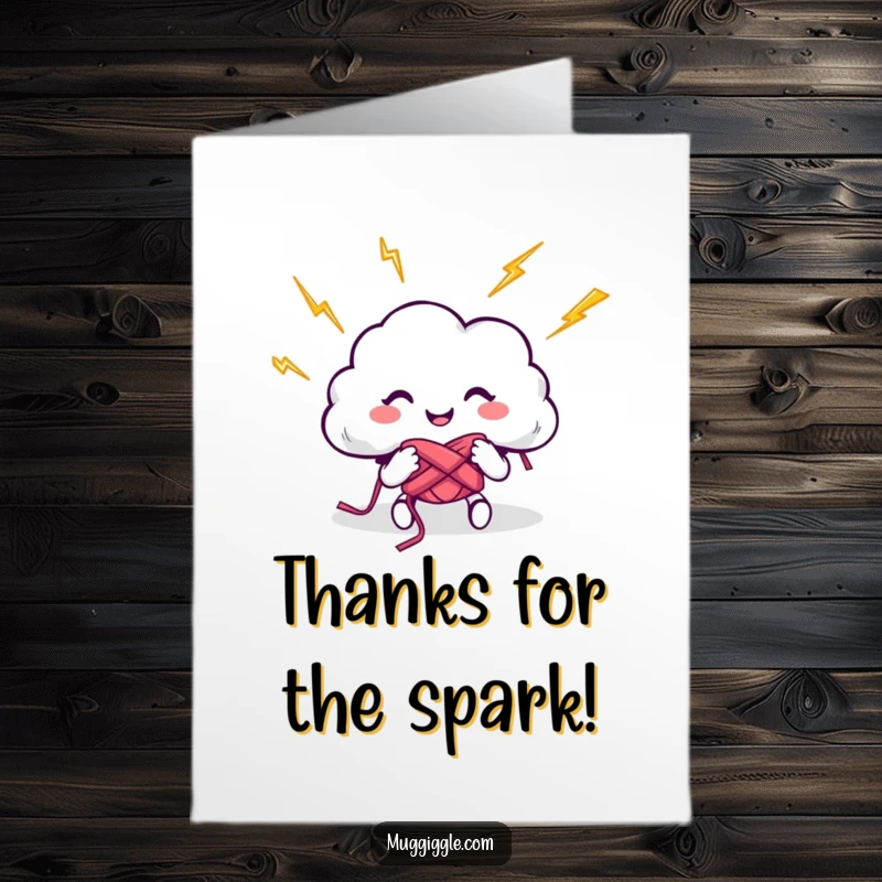 Funny Free Printable Thank You Card: Happy cloud character knits with lightning bolts, showing electrifying gratitude and appreciation.