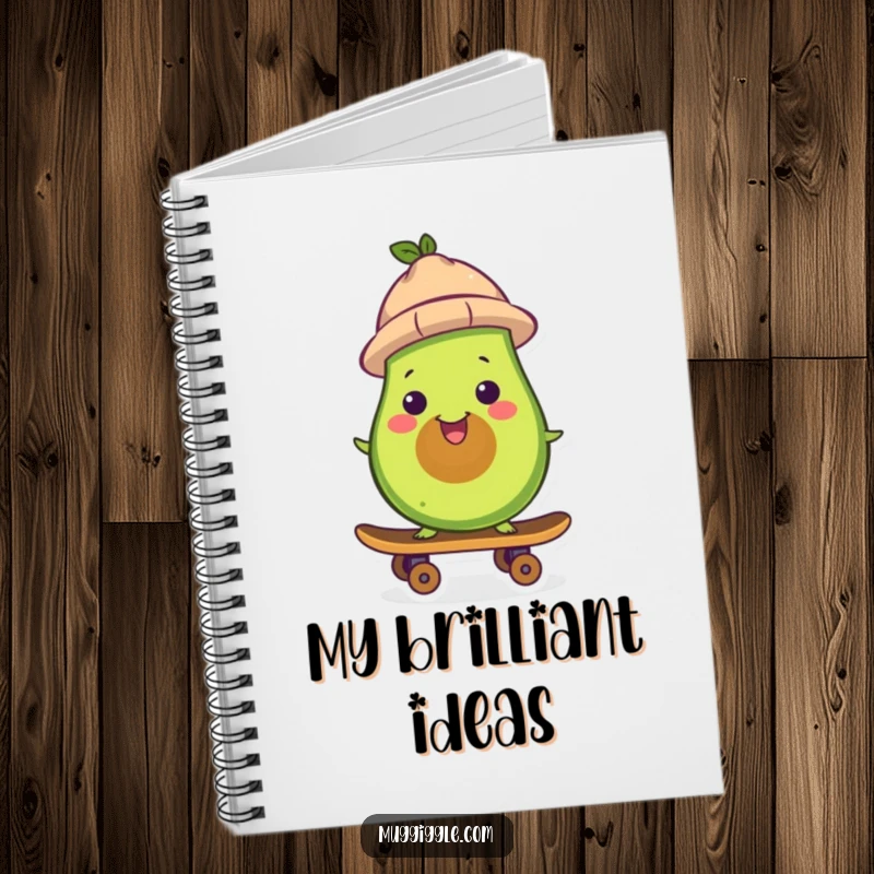 Funny avocado notebook, wearing a hat, skateboarding on the cover, ideal for jotting down cool ideas and creative thoughts.