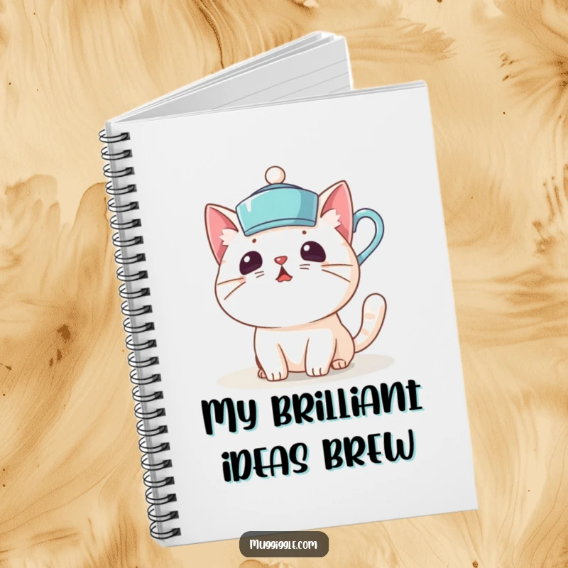 Funny notebook with a surprised cat character wearing a teacup as a hat, perfect for jotting down funny thoughts.