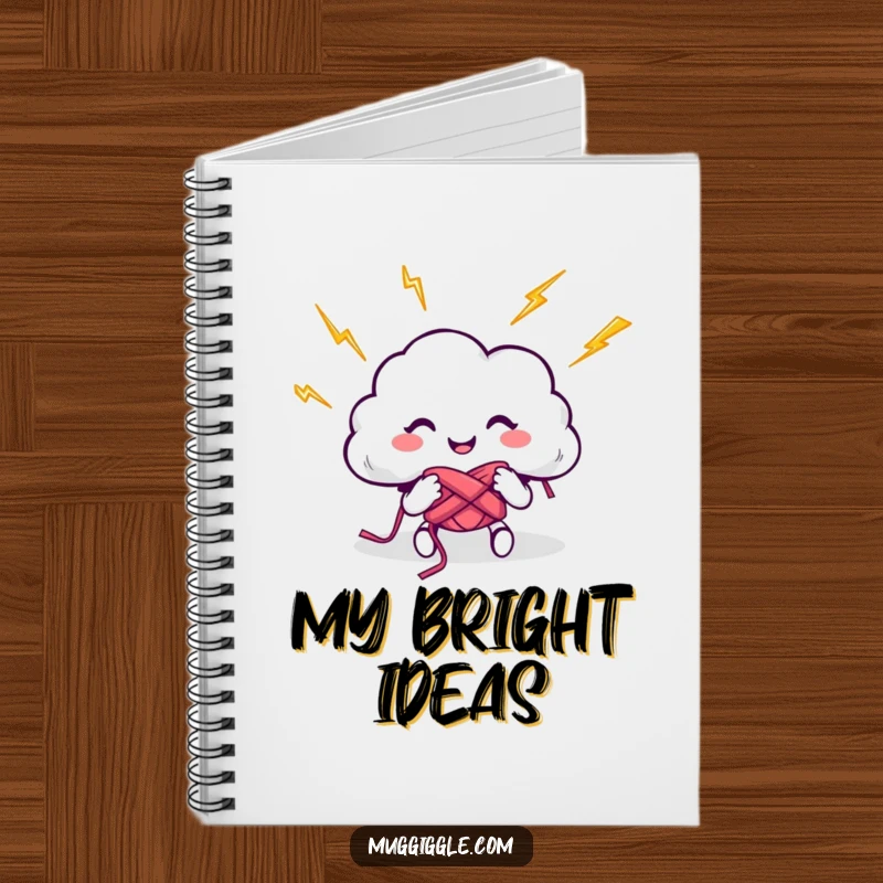 Funny notebook with a cloud character energetically knitting using lightning bolts, encouraging creative writing and humorous note-taking.