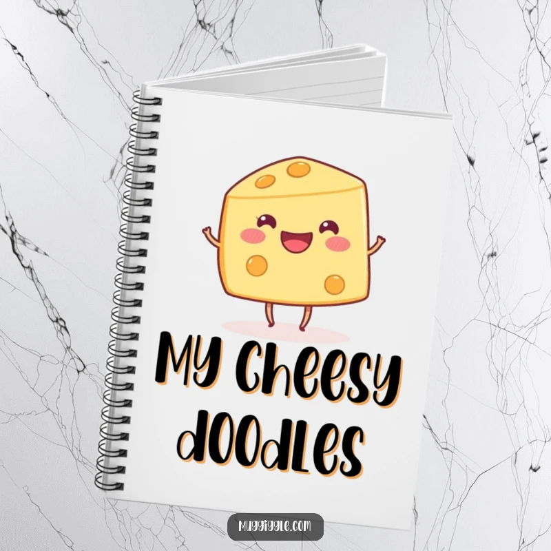 Funny happy cheese wedge character with small dancing legs, featured on a notebook for humorous note-taking.