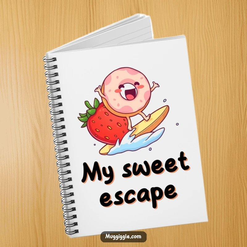 Funny Notebook: An excited donut character surfing on a giant strawberry slice, perfect for journaling creative and sweet ideas.