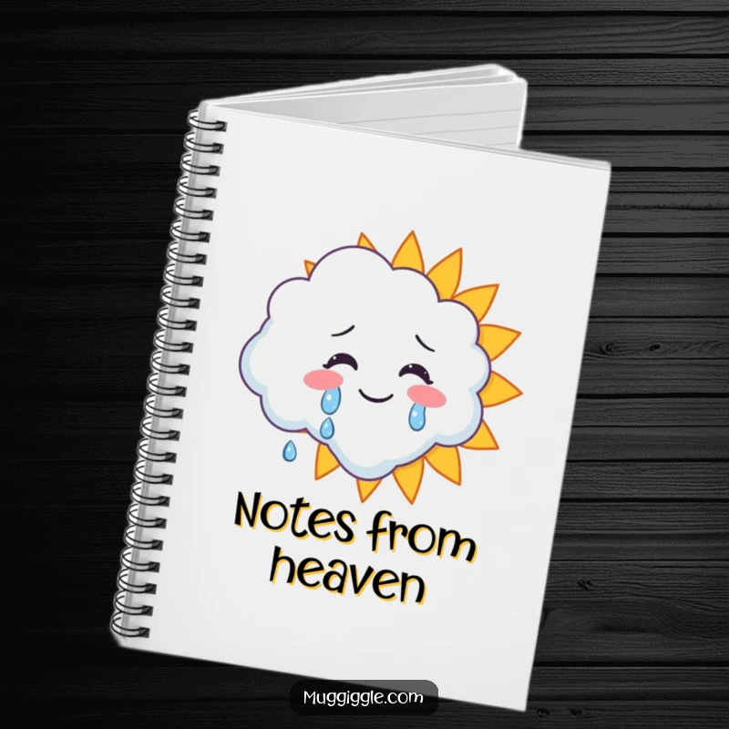 Funny notebook cover with a cloud character crying happy tears onto a smiling sun, encouraging joyful note-taking.