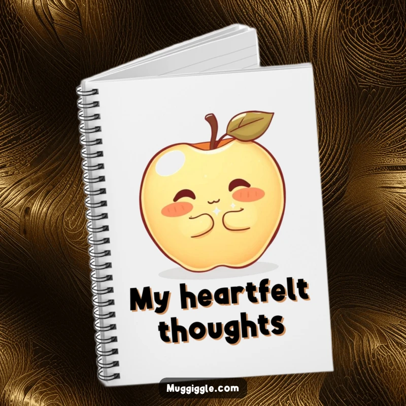 Funny Notebook with a shyly blushing apple hugging a sparkly button, ideal for journaling sweet thoughts and ideas with humor.