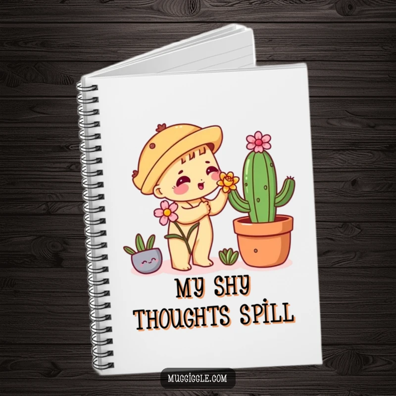 Funny notebook with a shy taco character offering a flower to a cactus, perfect for jotting down sweet thoughts.