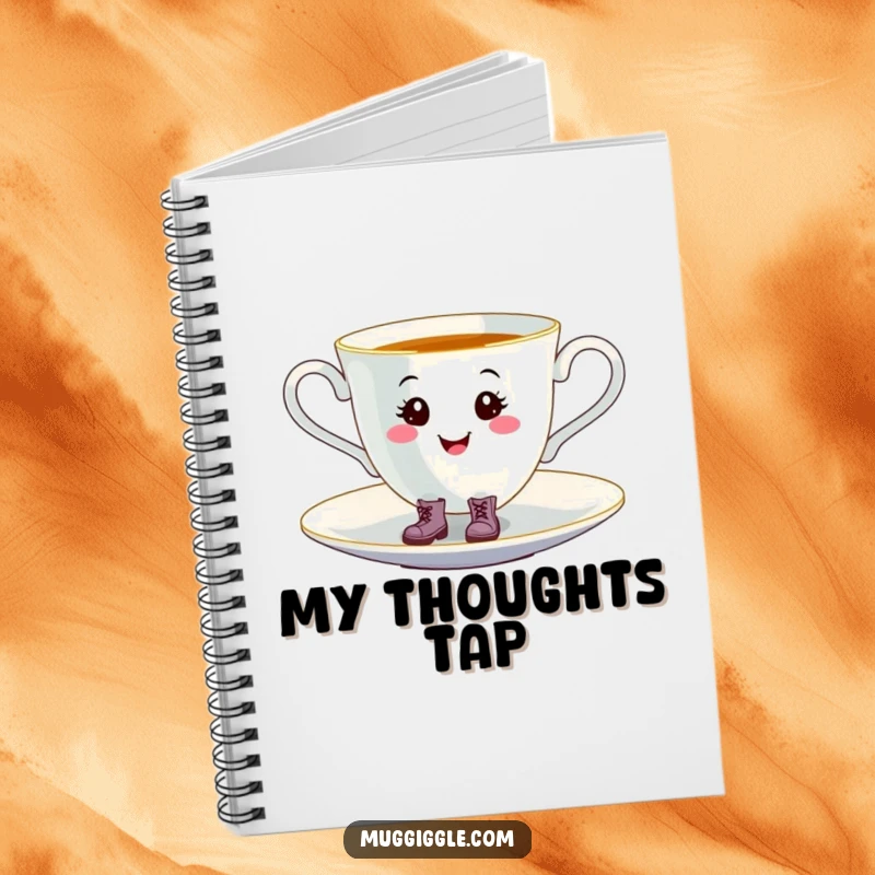 Funny smiling teacup with tiny boots, happily tap-dancing on a saucer, featured on the cover of a cute notebook.