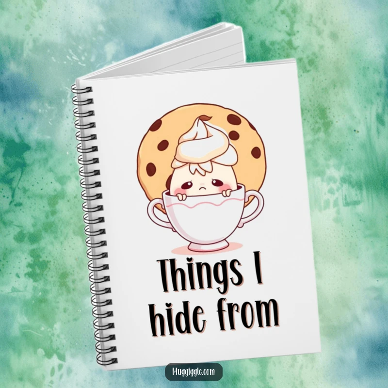 Funny notebook cover showing a nervous teacup character peeking from behind a giant cookie, perfect for writing down sweet secrets.