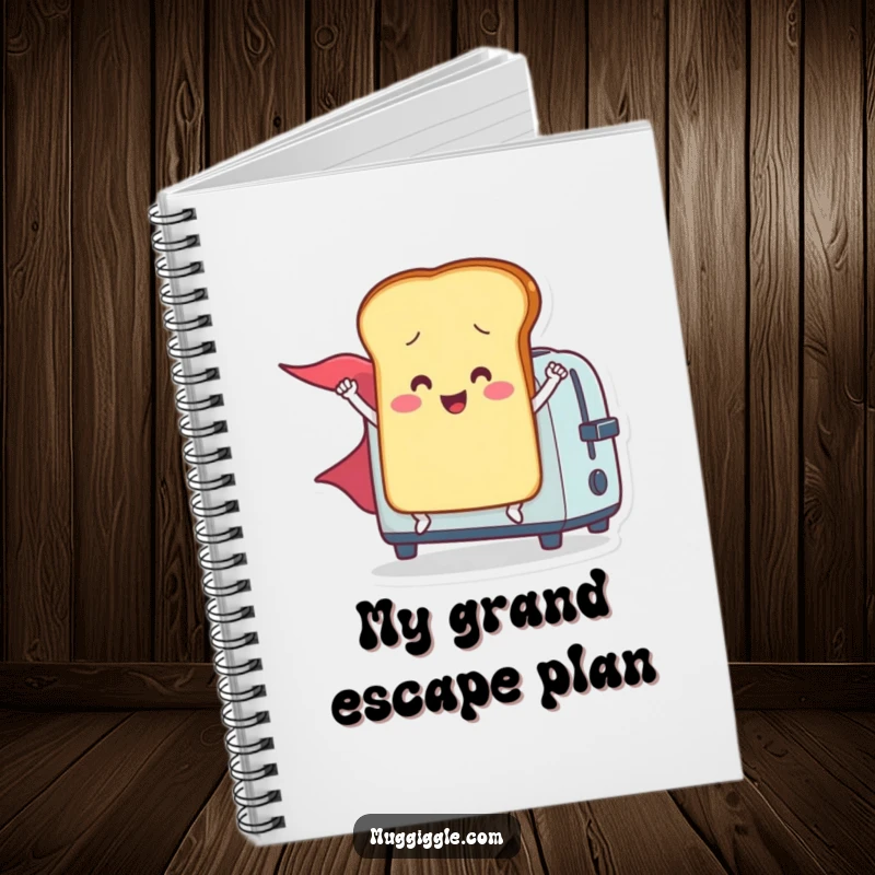 Funny notebook cover with a smiling toast character in a cape, flying out of a toaster, encouraging heroic note-taking.