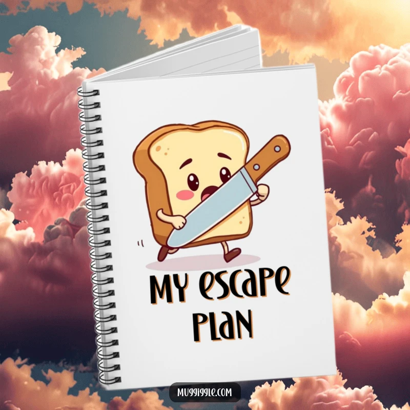 Funny notebook with a cover showing a toast character being chased by an oversized butter knife, ready for notes.