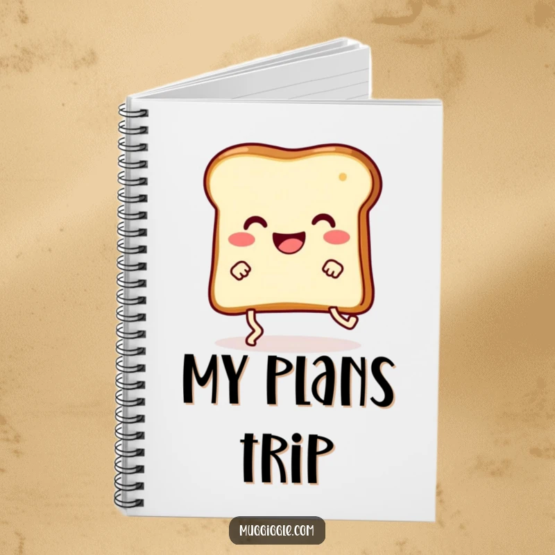 Funny happy slice of toast with legs comically tripping, featured on the cover of a delightful notebook.