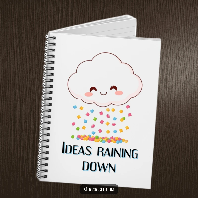 Funny notebook cover featuring a smiling cloud showering colorful candy, inspiring creativity and sweet thoughts.