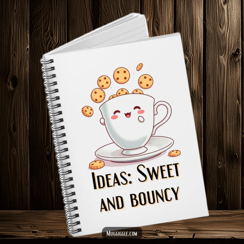 Funny Notebook: Tiny teacup character juggling bouncing cookies, inspiring humorous note-taking.