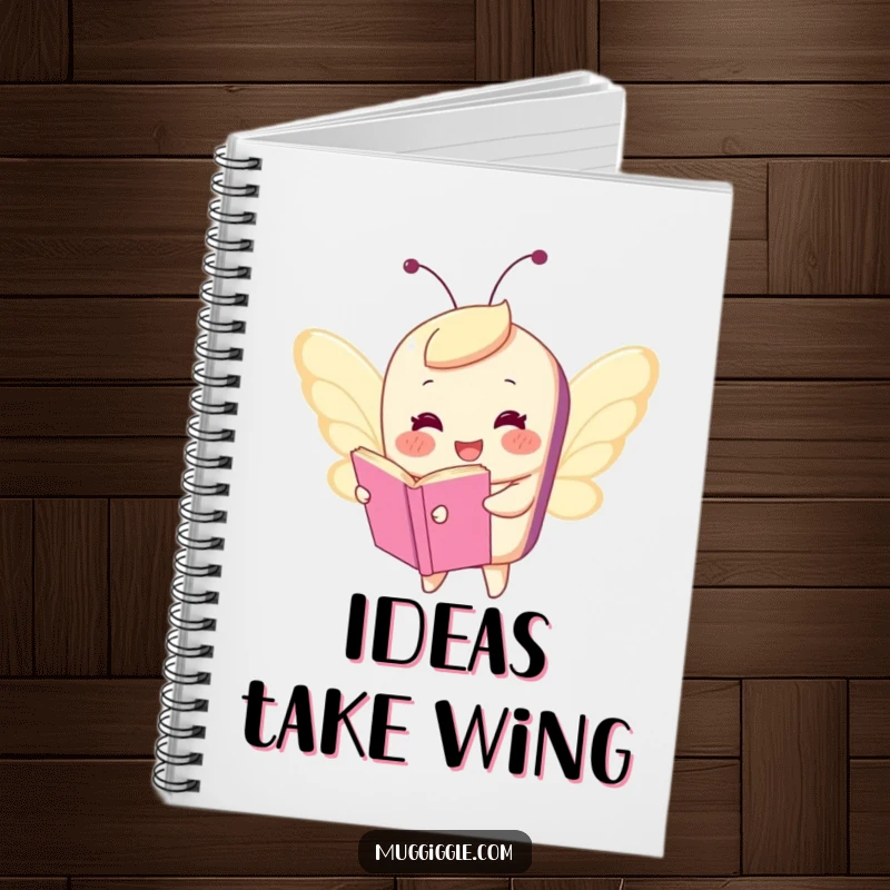 Funny notebook with a happy book character comically flying with tiny butterfly wings, perfect for journaling, planning, or taking notes with a magical theme.