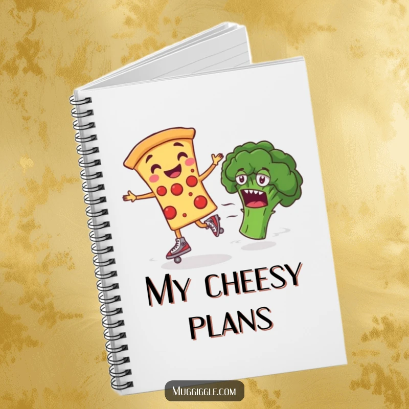 Funny Notebook with a smiling pizza slice on roller skates, ideal for jotting down food ideas and recipes with humor.