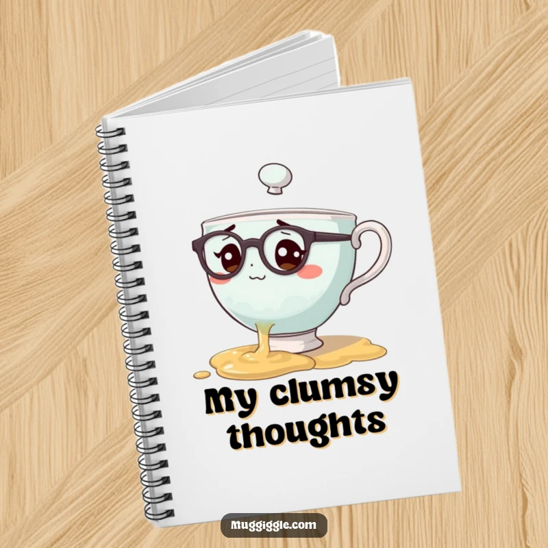 Funny notebook with a teacup character wearing spectacles spilling tea, great for journaling, sketching, or note-taking with clumsy charm.