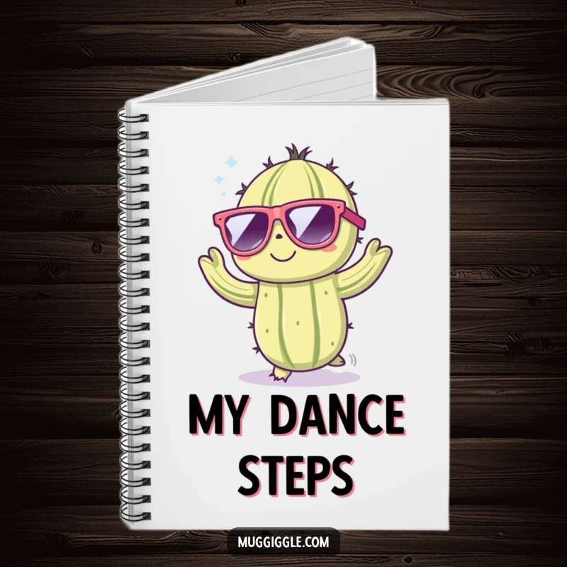 Funny notebook with a cover showing a cute cactus character wearing large sunglasses and dancing energetically, ready for notes.