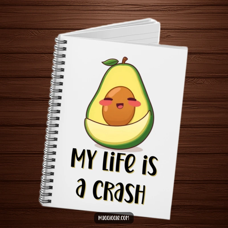Funny Avocado Notebook: A clumsy green avocado character comically slipping on its own peel, a humorous journal for writing.