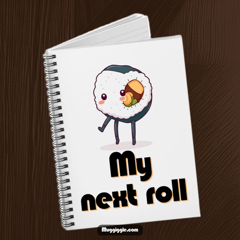 Funny sushi roll notebook, legs attempting a cartwheel on the cover, ideal for jotting down funny thoughts and creative ideas.