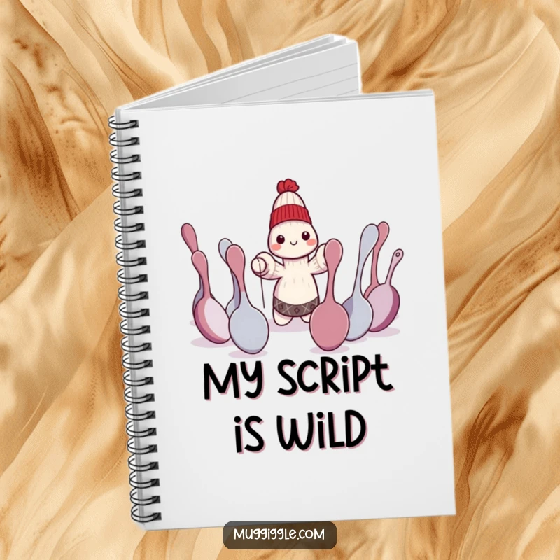 Funny sock puppet character performing a dramatic play for bewildered spoons, a humorous and functional notebook.