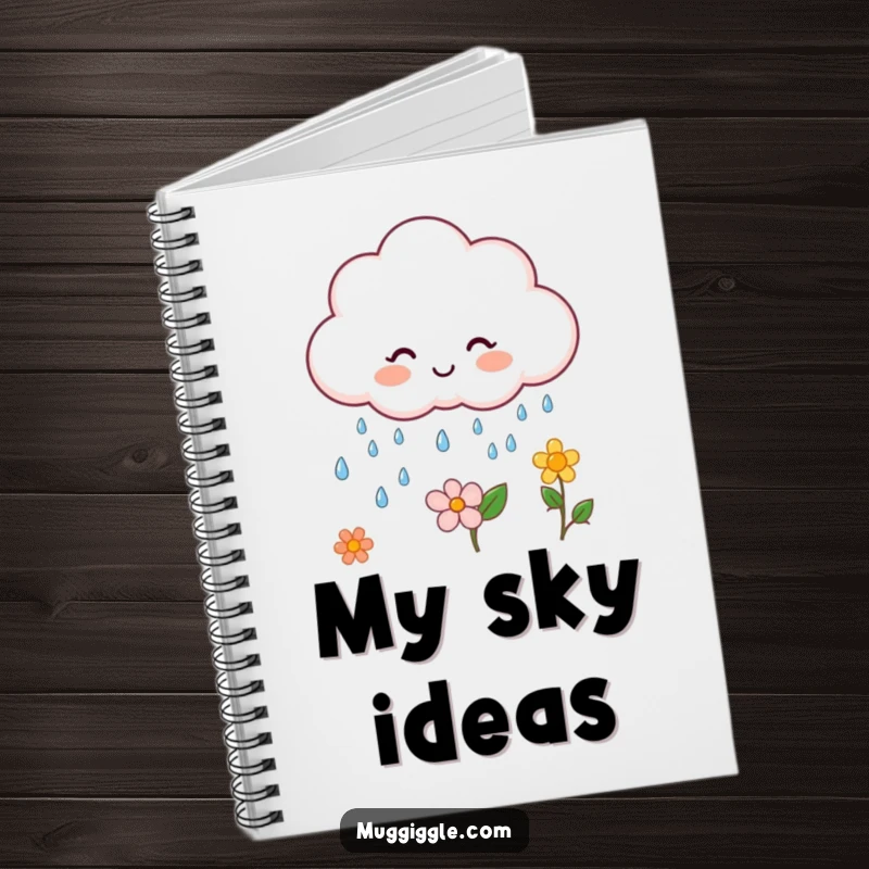 Funny cloud character notebook, raining happy drops on a flower, ready for notes.