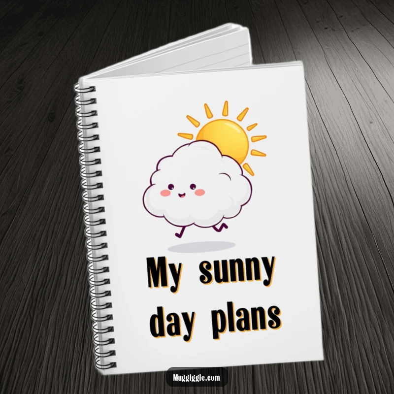 Funny fluffy cloud with tiny legs chasing a beaming sun, on a notebook cover for bright ideas.