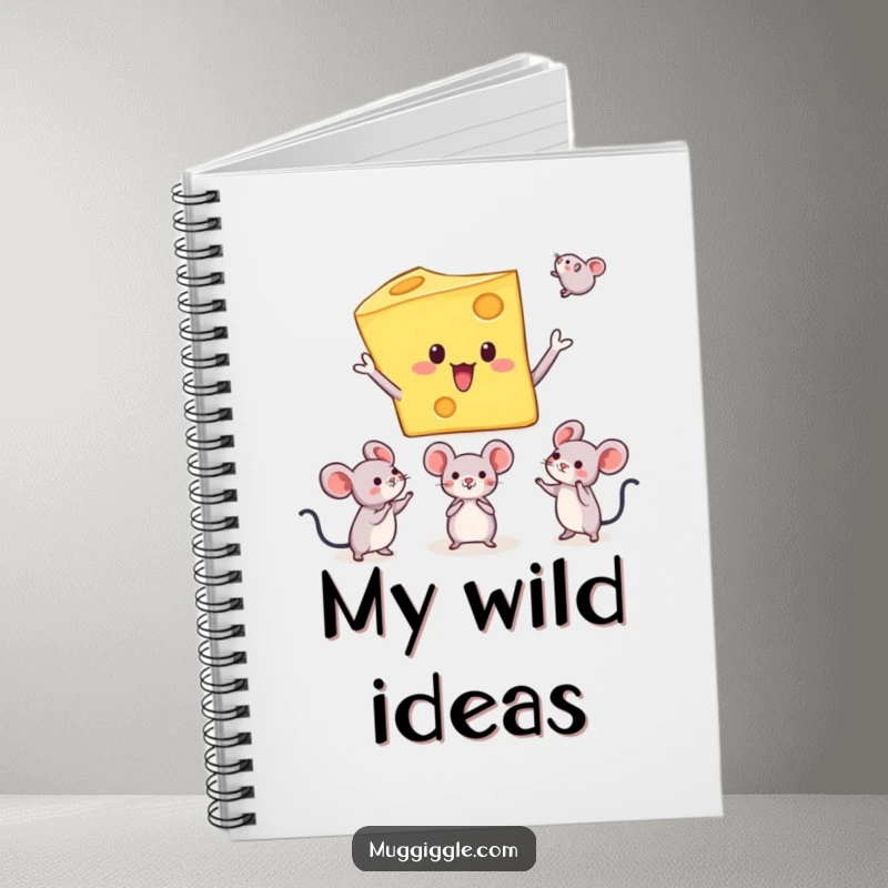 Funny notebook with a cheese character juggling mice, great for jotting notes, sketching, or planning with a humorous and surreal theme.