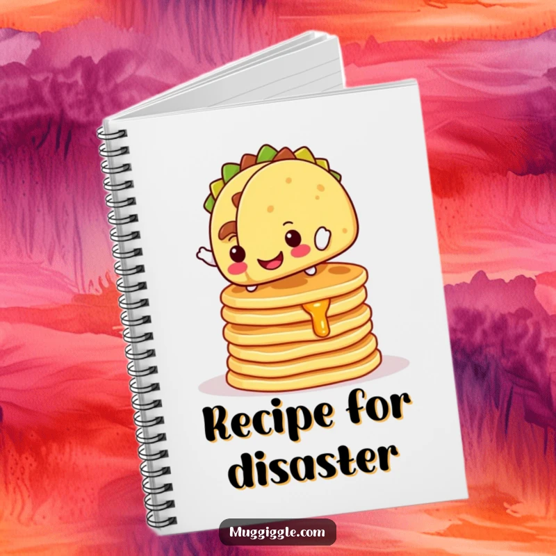 Funny Notebook: Cheerful taco character balancing on wobbly pancakes, inspiring humorous food journaling.