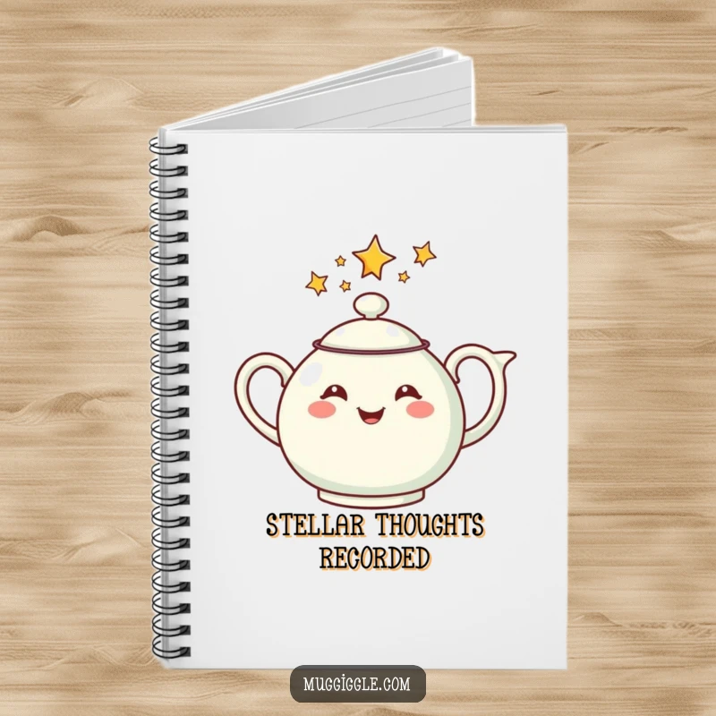 Funny notebook cover featuring a cheerful teapot pouring a stream of stars, inspiring creativity and magical thoughts.