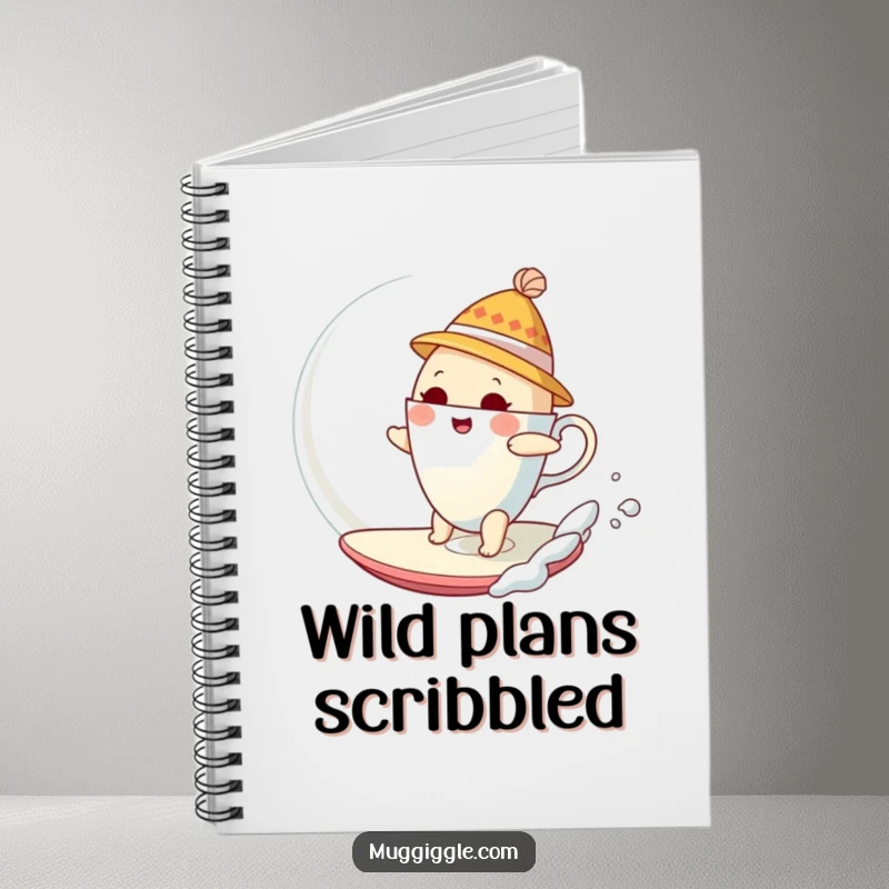 Funny Notebook featuring a bewildered teacup in a hat surfing a giant bubble, perfect for capturing funny ideas.