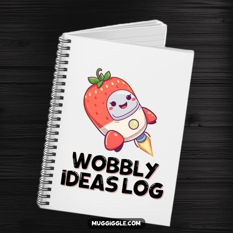 Funny Notebook featuring a tiny rocket ship piloted by a smiling strawberry, wobbling humorously during its space journey.