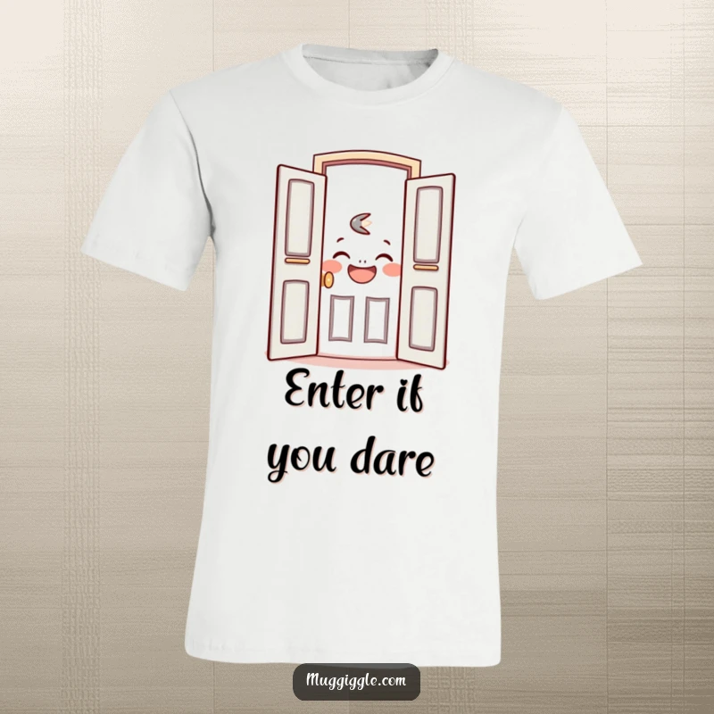 Funny t-shirt featuring a friendly door character ajar, showing a cheerful, laughing face within, inviting interaction.