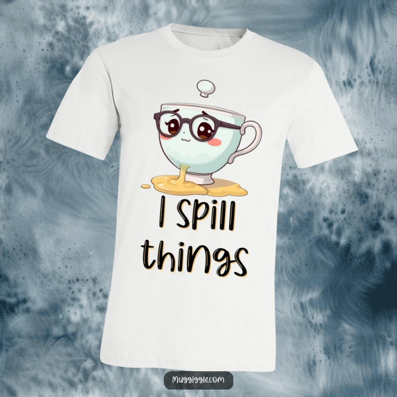 Funny t-shirt depicting a teacup character wearing spectacles spilling tea with a comically bewildered expression, celebrating relatable clumsiness.