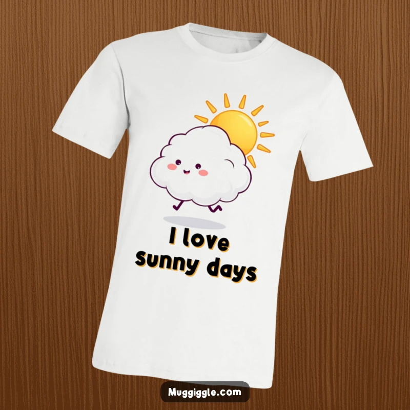 Funny fluffy cloud with tiny legs excitedly chasing a beaming sun across a blue sky on a fun t-shirt.