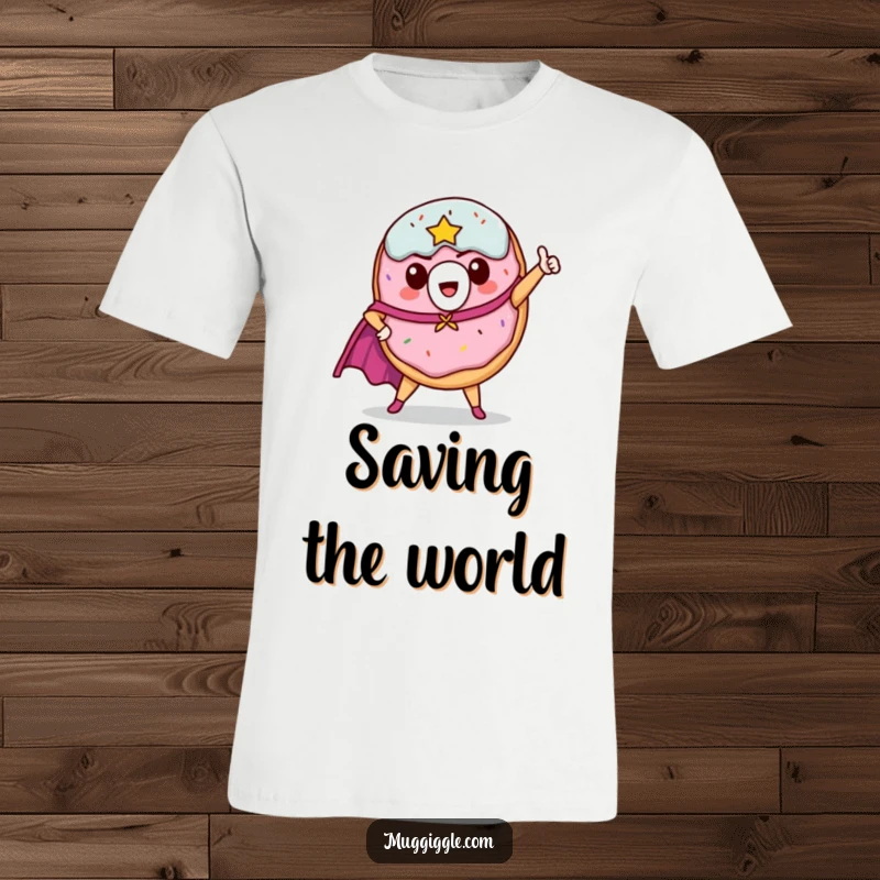 Funny donut character t-shirt, wearing a flowing cape, striking a heroic pose, embodying sweet bravery.
