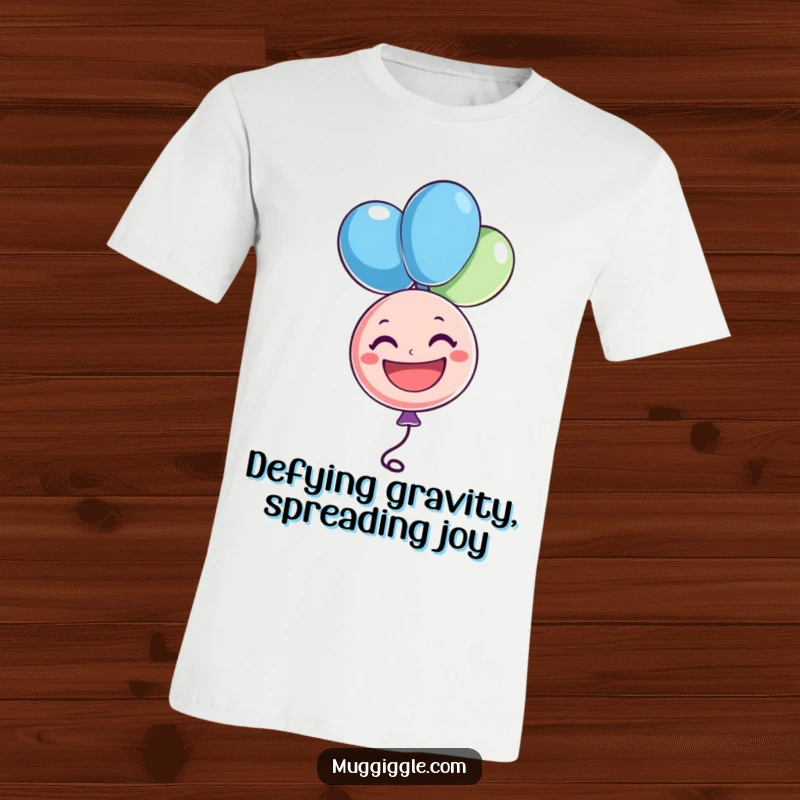 Funny balloon t-shirt featuring a cheerful character floating upside down with a big grin, perfect for spreading joy, a funny gift.
