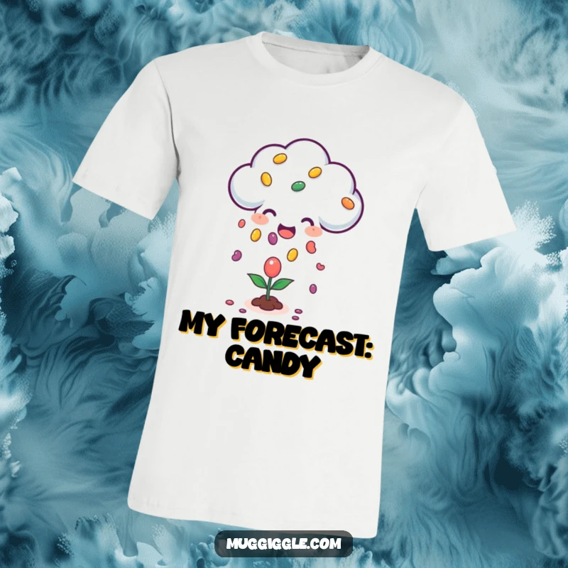 Funny t-shirt showcasing a happy cloud character raining jellybeans onto a small plant, representing unexpected joy and sweetness.