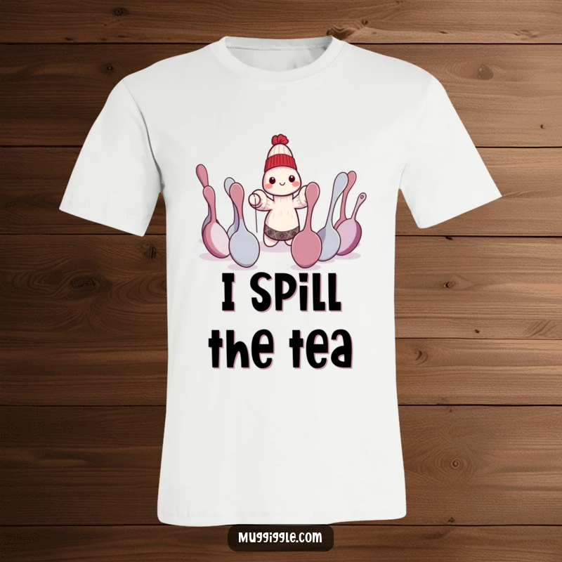 Funny sock puppet character performing a dramatic play for bewildered spoons, a humorous and artistic t-shirt.