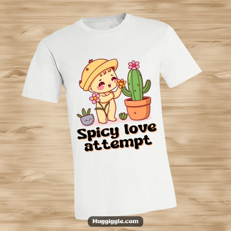 Funny t-shirt with a shy taco character attempting to give a flower to a cactus, depicting sweet, awkward love.