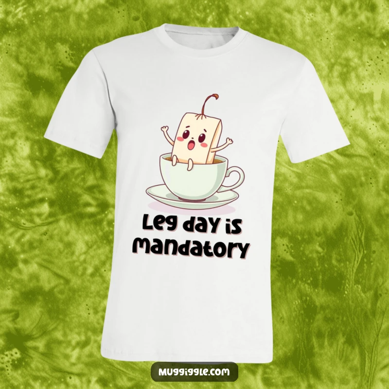 Funny t-shirt showcasing a panicked teabag doing the splits with legs kicking, escaping a teacup, a humorous design.