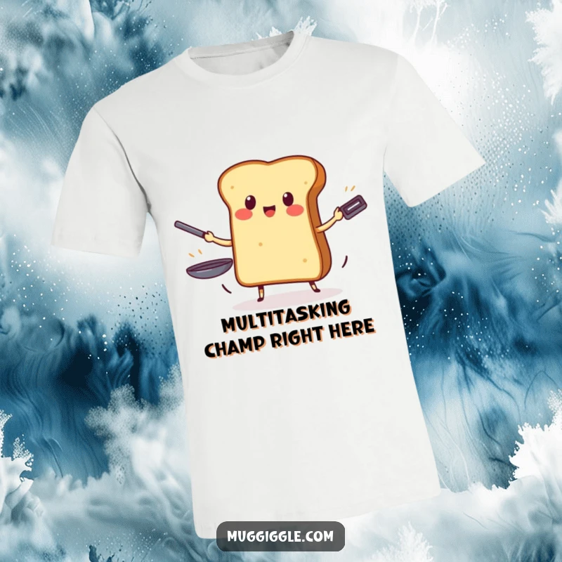 Funny t-shirt showcasing a brave piece of toast heroically juggling three sizzling frying pans, a testament to breakfast bravery.