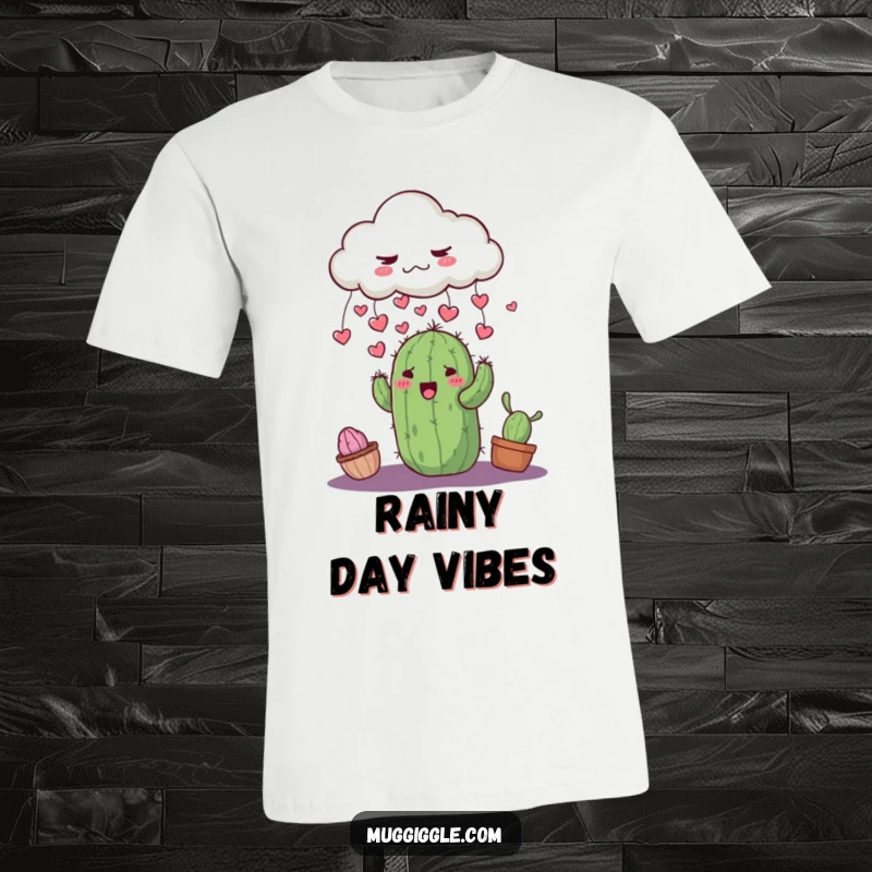 Funny grumpy cloud showering a surprised, smiling cactus with tiny hearts, printed on a soft t-shirt.