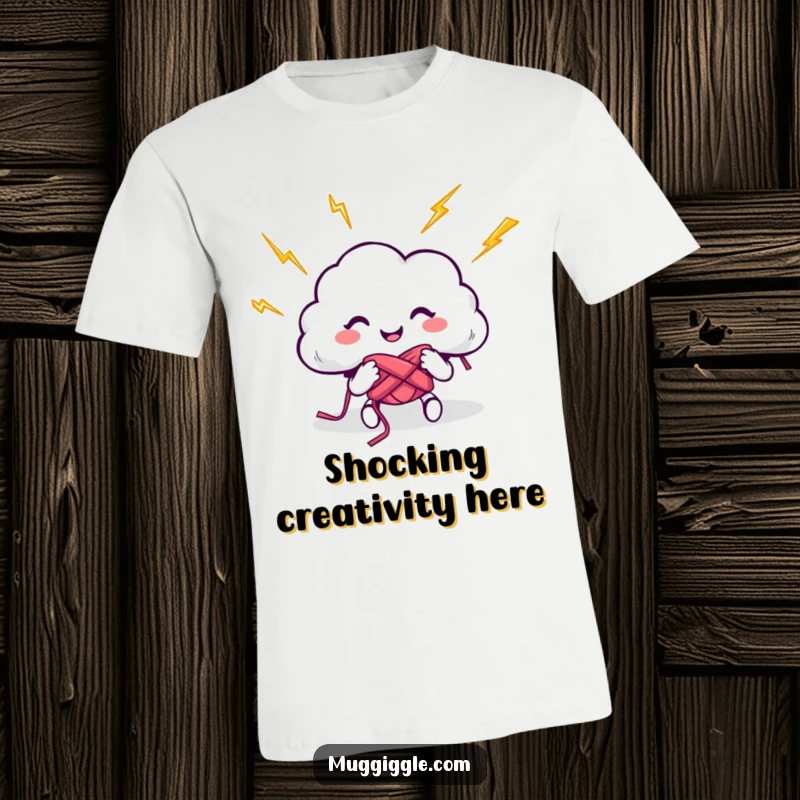 Funny t-shirt depicting a smiling cloud character enthusiastically knitting using vibrant lightning bolts, showcasing a quirky and energetic personality.