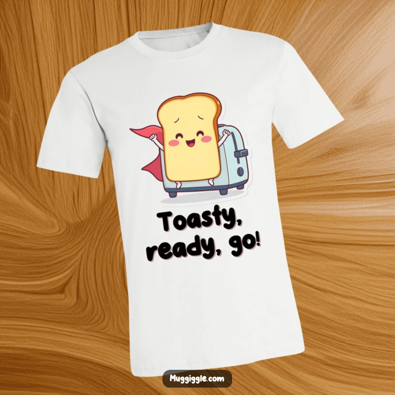 Funny t-shirt showcasing a smiling toast character in a red cape, leaping triumphantly from a toaster, embodying morning heroism.