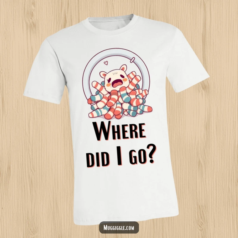 Funny pile of mismatched socks hilariously attempting to escape a laundry basket portal, printed on a comfy t-shirt.