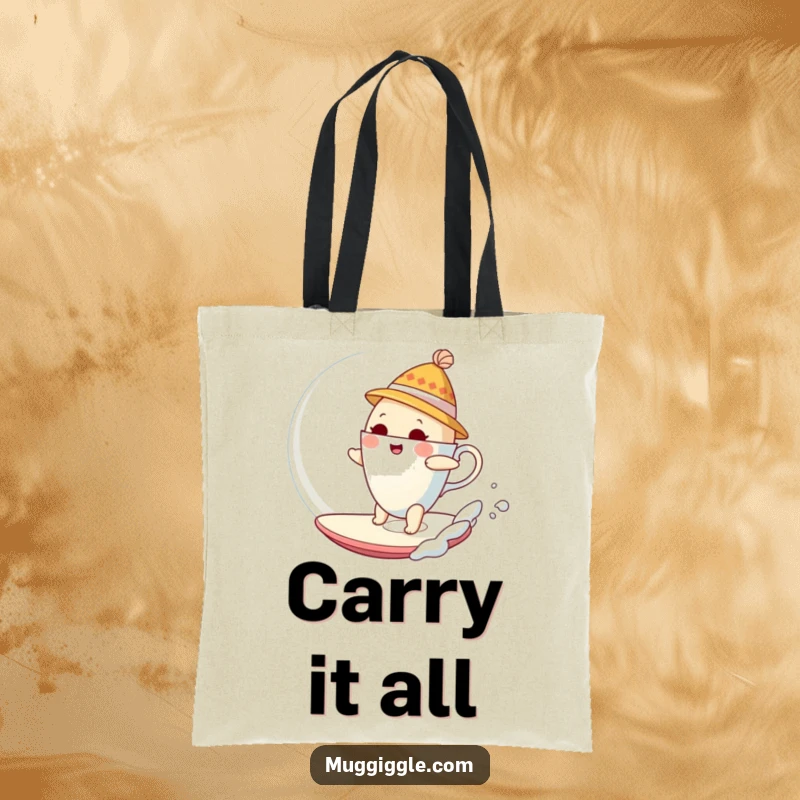 Funny Tote Bag with a bewildered teacup wearing a hat, attempting to surf a giant bubble, perfect for quirky shoppers.
