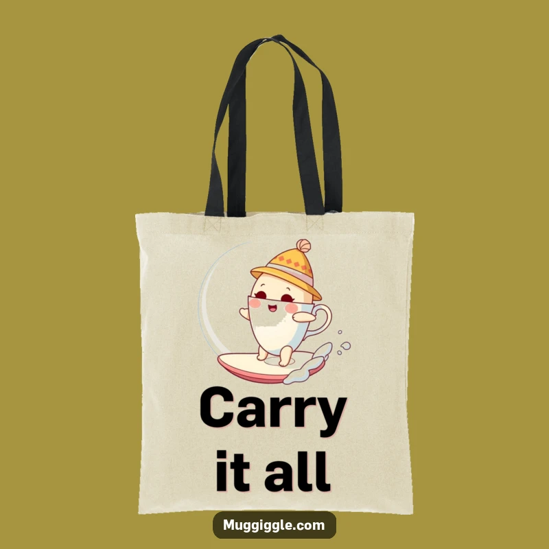 Surreal Sip Funny Tote Bag: Teacup Bubble Rider, Humorous Accessory