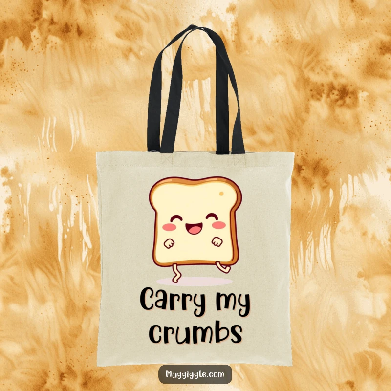 Funny happy slice of toast with legs comically stumbling, printed on a durable and stylish tote bag.