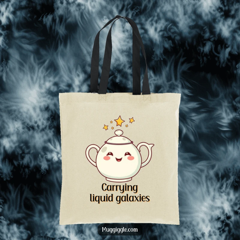 Funny tote bag featuring a cheerful teapot pouring a stream of stars, perfect for carrying daily items with magical flair.