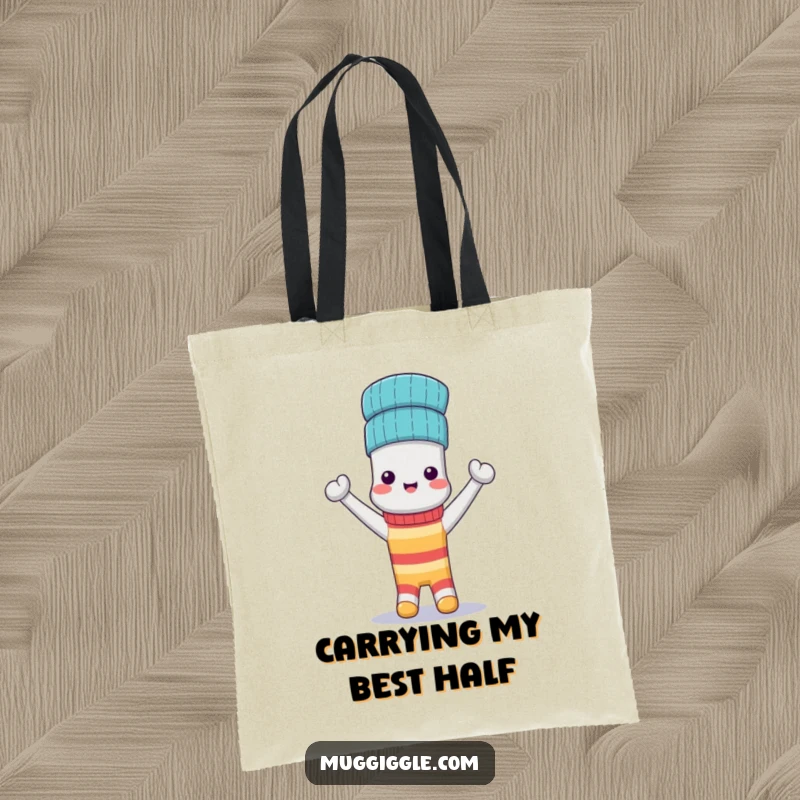 Funny Tote Bag: A triumphant anthropomorphic sock wears its matching sock as a festive hat, carrying daily essentials.