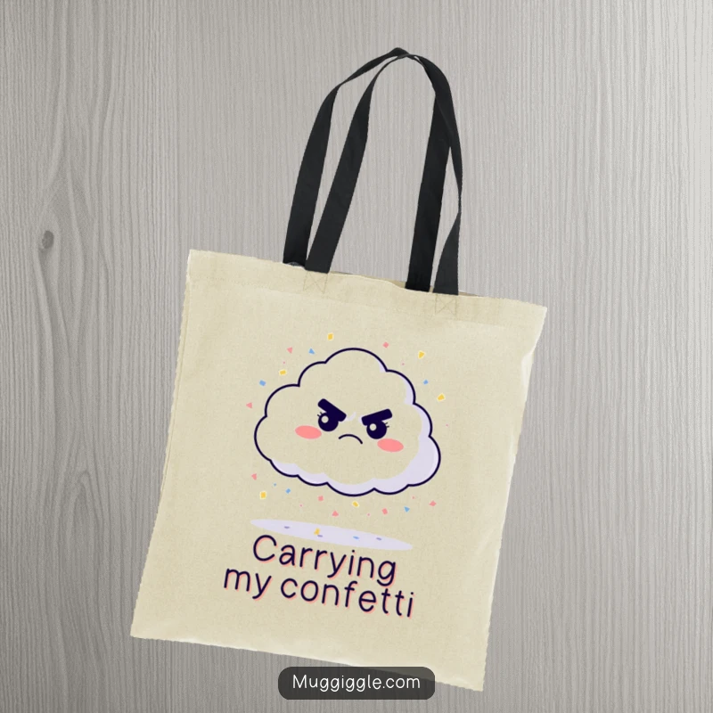 Funny grumpy cloud tote bag, raining tiny confetti, a humorous and colorful accessory for carrying essentials with a smile.